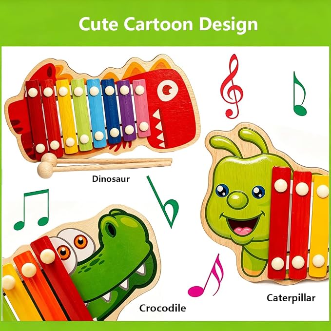 Xylophone for Toddlers, Animal Shape Wooden Baby Xylophone with 8 Scales and 2 Mallets,Colorful Kids Musical Instrument Educational Montessori Toys (Dinosaur)