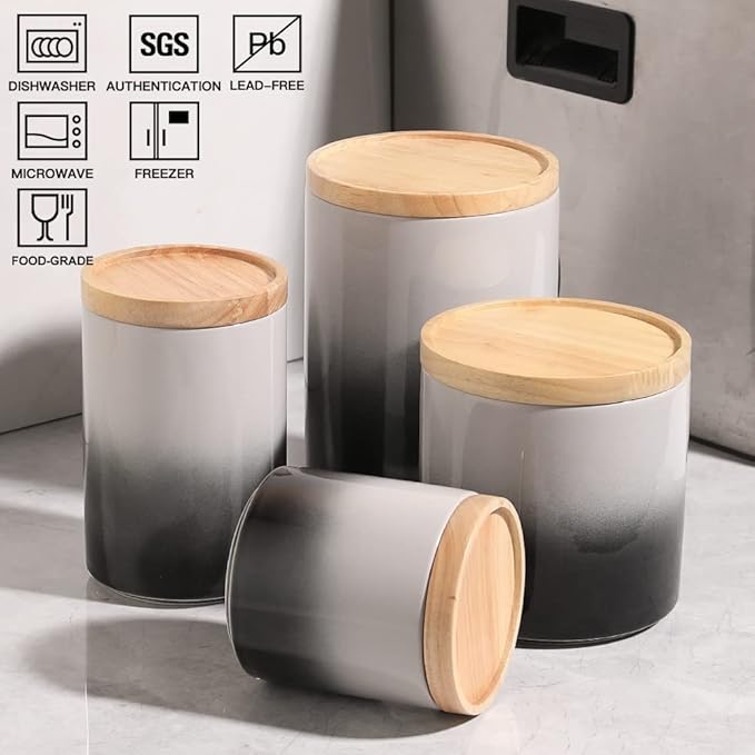 Sweejar Ceramic Food Storage Jar, Stackable Kitchen Canisters, Containers with Airtight Seal Wooden Lid for Serving Ground Coffee, Tea, Sugar, Salt and More - 16 Fl Oz (Gradient Gray)