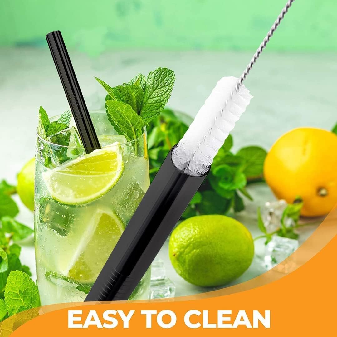 Vinaco Reusable Wide Mouth Straws - 8.5" & 10.5" Stainless Steel, Set of 4 with CleanerBrush, Black Metal Straws forThicker Drinks