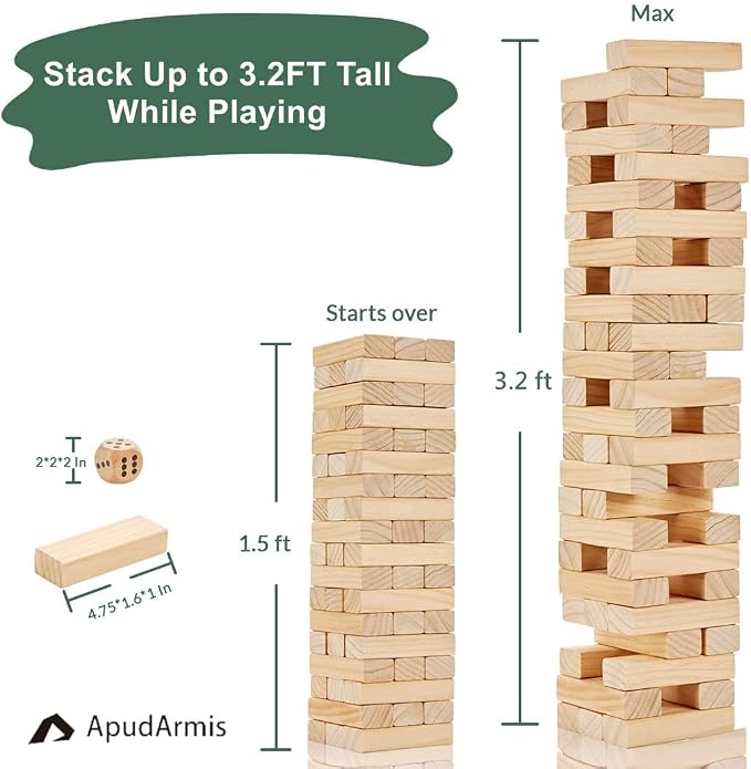 ApudArmis 54 PCS Tumble Timber Set [Up to 3.2FT], Pine Wooden Tumble Tower Game with Dice and Scoreboard Set - Classic Block Stacking Board Game for Teens Adults