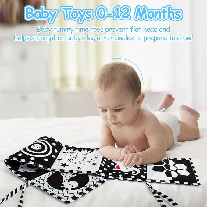 Cawgug Black and White High Contrast Baby Toys for Newborn Brain Development Tummy Time Soft Book Babies 0-3 6-12 Months Montessori Learning Activities Infant and Sensory Visual Stimulation Toys