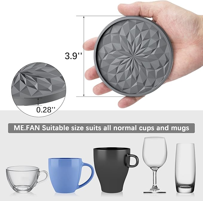 ME.FAN Silicone Coasters with Holder,[6 Pack] Drinking Coasters - Cup Mat for Hot or Cold Drinks, Thickened, Non-Slip, Non-Stick,Deep Tray Black