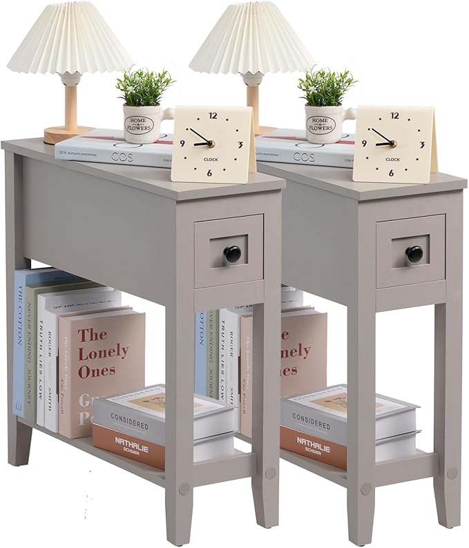 Gery 2 Pack Chairside Narrow End Table with Drawer, Solid Recliner Side Table with Storage Shelf, Slim Nightstand Bedside Table for Bedroom