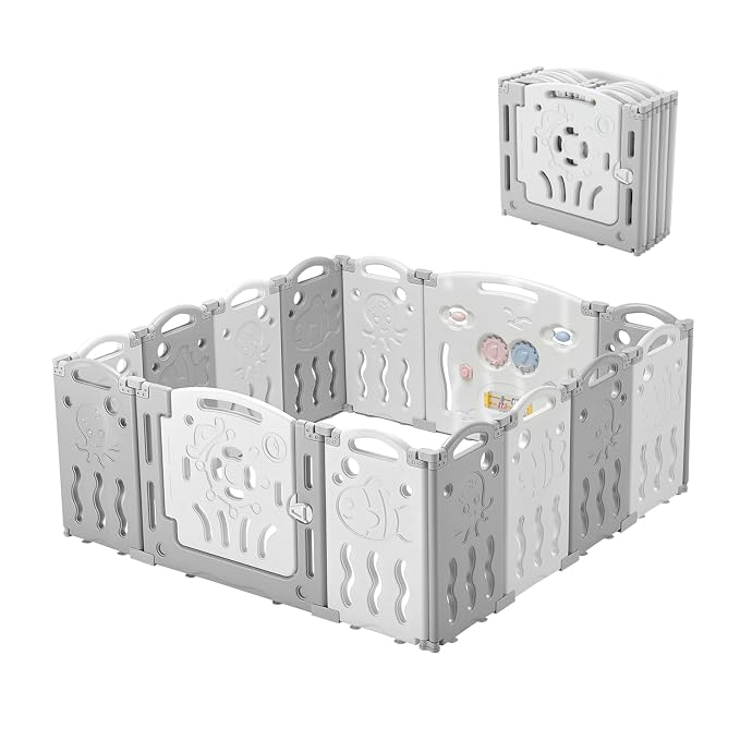 Albott Baby Playpen, Upgraded 14 Panels Foldable Baby Fence with Game Panel and Safety Gate, Adjustable Shape, Portable Play Yards for Children Toddlers Indoors or Outdoors (White+Grey,14 Panel)