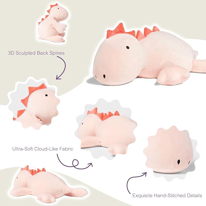 OSOCU® Microwavable Heating Pad Pink Stegosaurus Plush - 1.4 Lb Weighted Stuffed Animal Toy with Tourmaline Beads & Lavender - 16" Squished Long Dinosaur Pillow - Lumbar Back Cushion Lasting Warmth