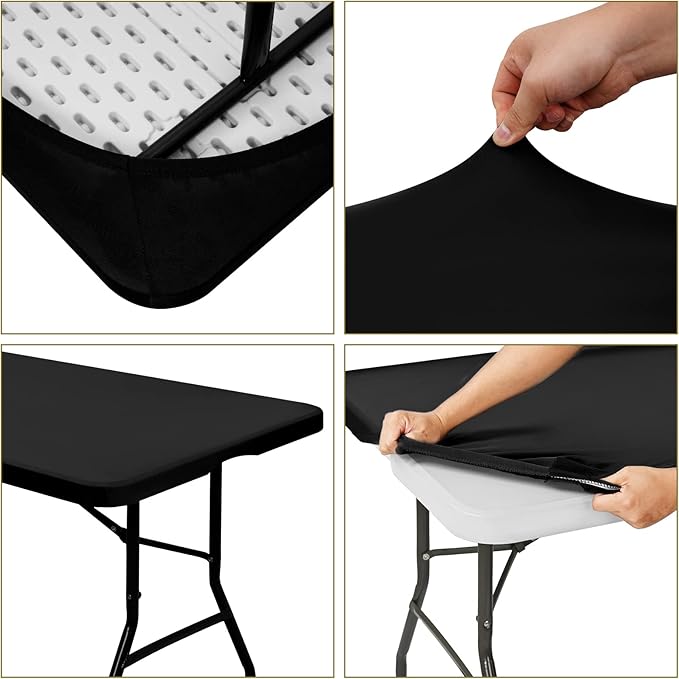 6 Pack Stretch Fabric Table Top Cap Cover, fits 5' Tables, Spandex Table Covers Washable Elastic Universal Rectangle Tablecloth Protector for Indoor Outdoor Party Picnic Wedding, Black, 30" W x 60" L