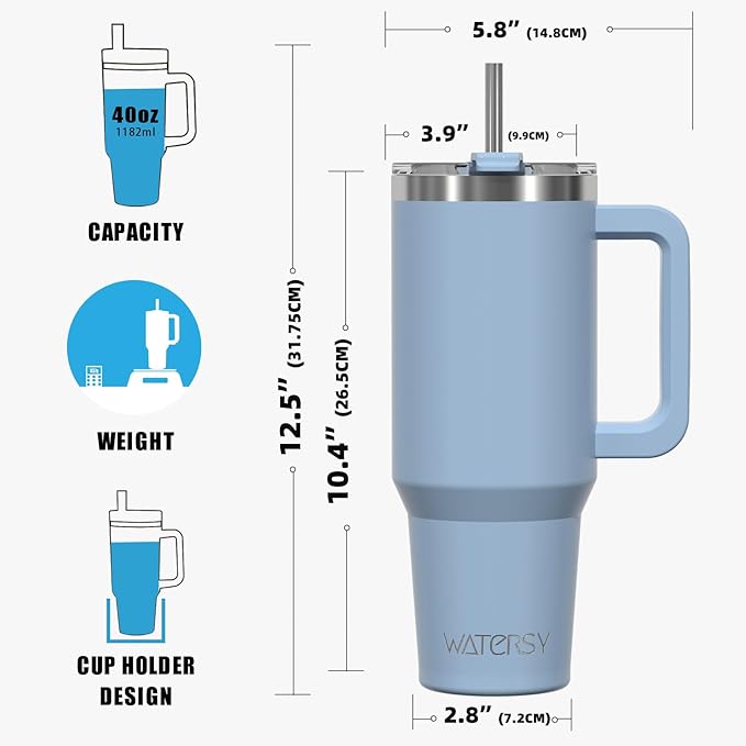 40 oz Tumbler with Handle,Tumbler with Lid and Straw,Double Wall Insulated Cup Stainless Steel Travel Mug(Cold for 34 Hours),Water Bottle for Iced Tea,Coffee,Cold Beverages(Smog Blue)