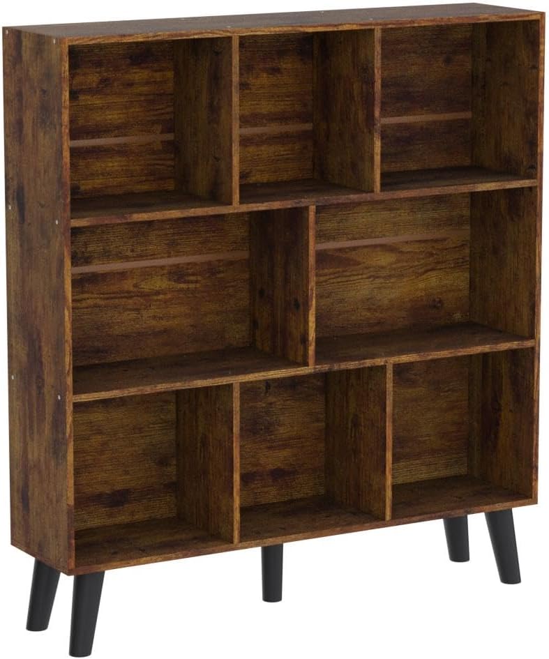 LEYAOYAO 8 Cube Bookshelf,3 Tier Bookcase with Legs,Rustic Brown Mid-Century Modern Bookshelves,Large Open Storage Organizer Shelf, Wooden Book Case