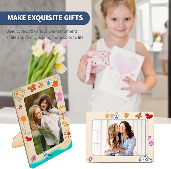 zjdbset Picture Frame Painting Craft Kit for 4 * 6 Photo,10Pcs DIY Unfinished Wooden Picture Frames with 12Pcs Painting Color Pen 4 Sheets Crystal Diamond Stickers for DIY Craft
