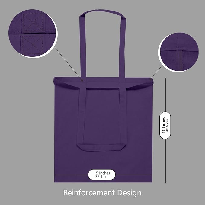 TOPDesign 12-Pack Economical 16"x15" Deep Purple Cotton Tote Bags, Lightweight Medium Reusable Grocery Shopping Cloth Bags, Suitable for DIY, Advertising, Promotion, Gift, Activity