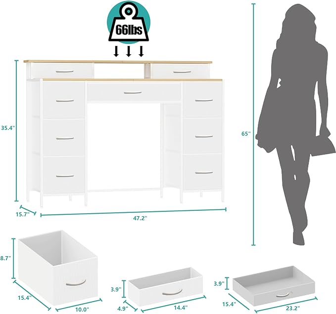 Dresser for Bedroom with 9 Drawers & 2 Open Shelves, Fabric Storage Dresser, Chest of Drawers, Long Dresser for Closet, Wooden Top & Metal Frame, Classic White