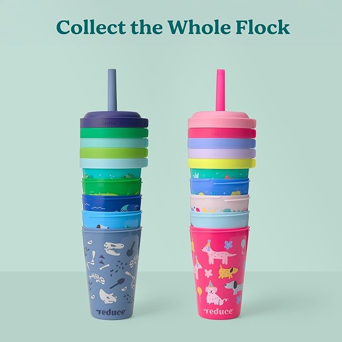 REDUCE GoGo's Kids Portable Tumbler Cups with Lids and Spill-Proof Straws - 5 Pack of Stackable 12 oz Tumblers with Twist-On Lids - Easy Storage, Dishwasher Safe - Scavenger Boy Set