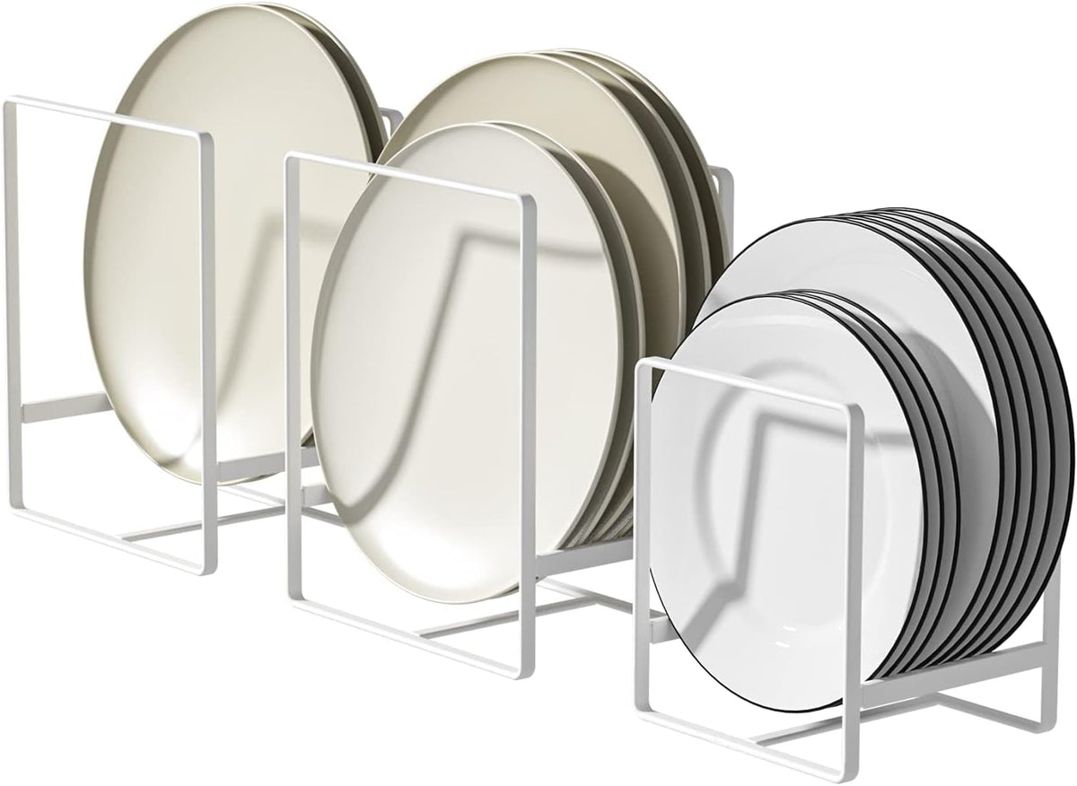 2 Large 1 Small Plate Organizers Holders Upright Cabinet Dish Drying Racks Metal Plate Dish Organizers Racks Stands for Countertop and Cupboard White