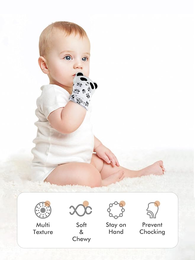 Giftty Baby Teething Mitten Panda Hand Teether Soothing Glove Wearable Teething Toy with Crinkle Sound, Multi Textured for Infants 3-12M (1 Pair)