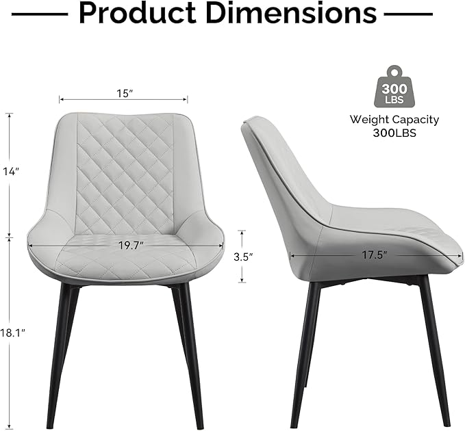 Dining Chair Set of 2, Modern Dining Chairs with Thick Cushions, Faux Leather Upholstered Kitchen Dining Room Chairs with Metal Adjustable Legs for Dining Living Room, Light Grey