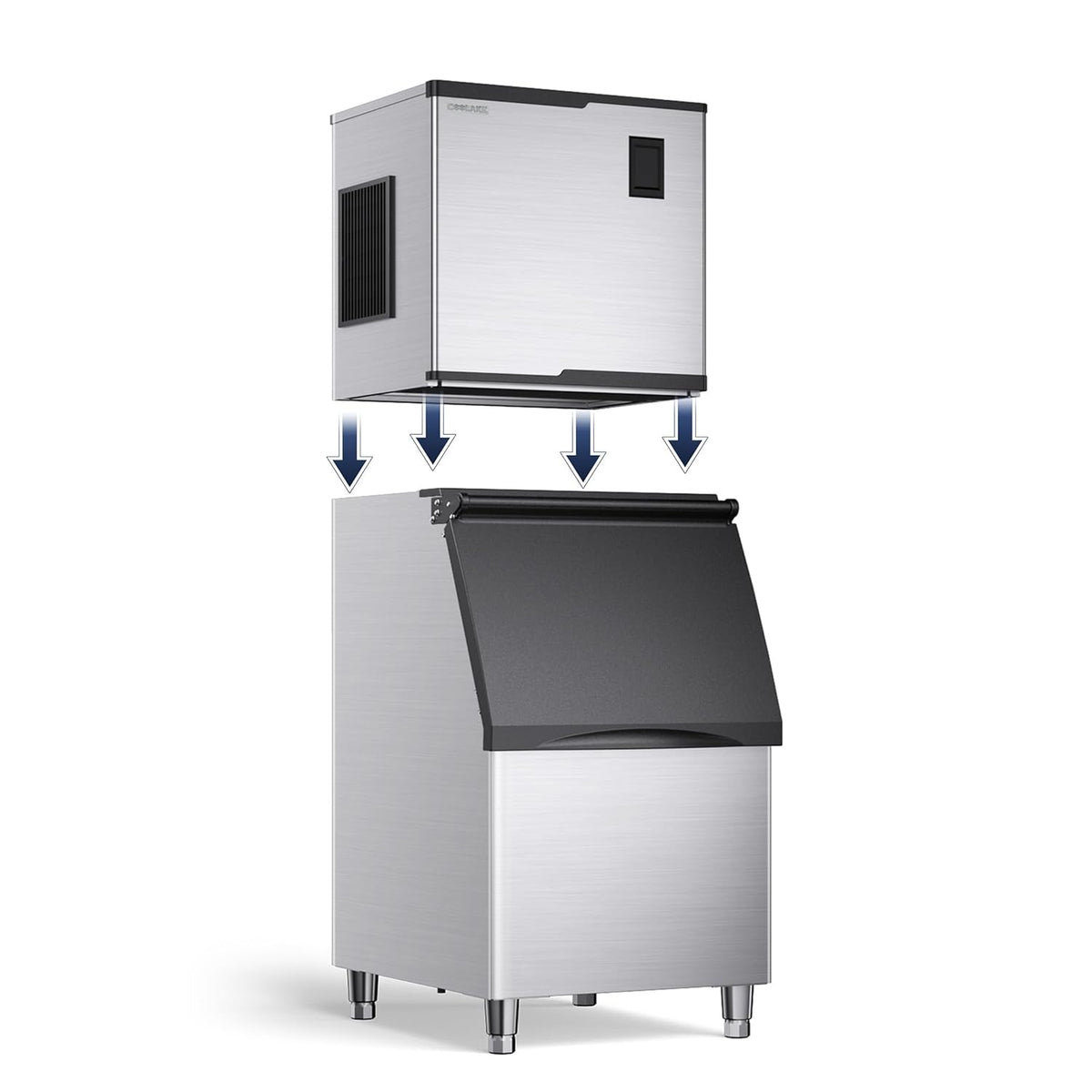 Coolake 360 lb. Commercial Ice Machine Storage Bin, 26" Stainless Steel Space Saving Footprint Ice Bin with Convenient Lift-up Door, Filter, Scoop, Adjustable Feet, for Bar Restaurant Shop