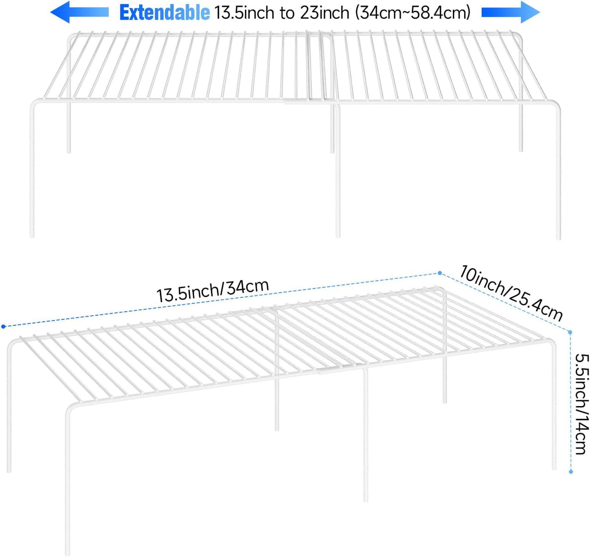 Expandable Storage Shelf, Pantry Organizers and Storage, Adjustable Rustproof Metal Wire Spice Rack, Space Saver Kitchen Storage Shelves for Pan, Pot, Countertop, Drawer, Fridge, Set of 4, White