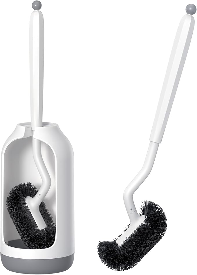 HAMITOR Toilet Bowl Brush Holder Set: Deep Cleaning Brushes with Curved Design - Ergonomic Long Handle for 360° Dead Corner Clean with Replacement Brush - Bathroom Accessories for RV Apartment