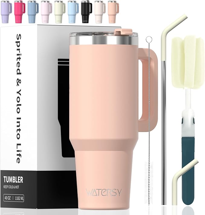 40 oz Tumbler with Handle,Tumbler with Lid and Straw,Double Wall Insulated Cup Stainless Steel Travel Mug(Cold for 34 Hours),Water Bottle for Iced Tea,Coffee,Cold Beverages(Pink)
