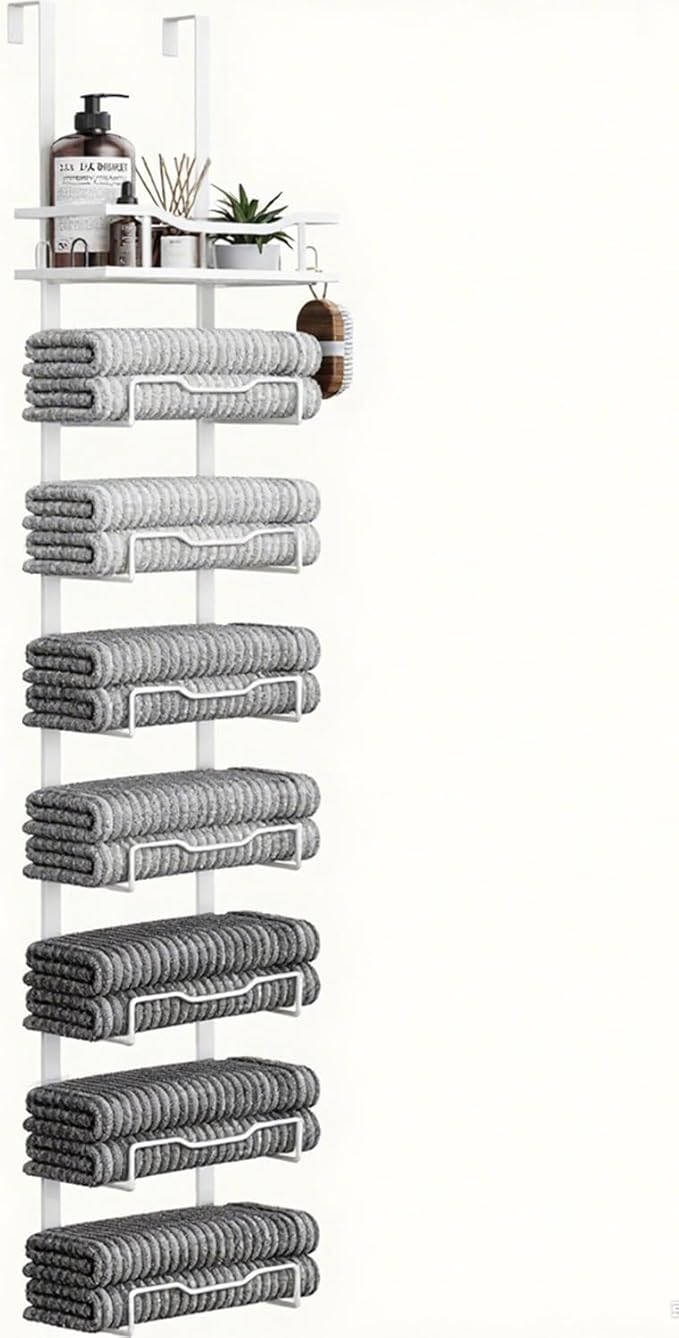 Hanging Towel Racks for Bathroom No Drill - Over The Door 8-Tier Bath Towel Storage Organizer for Small Bathrooms - Back Door Large Tiered Towel Holder Hanger for Rolled Towels RV Camper White
