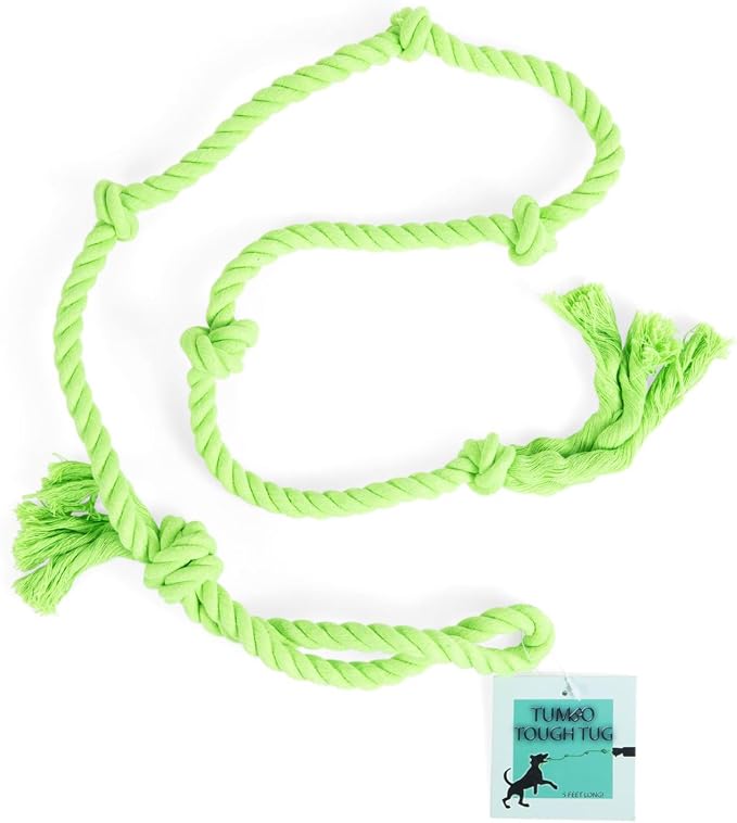 Tumbo Tough Tug Rope Dog Toy - (Green 5 ft Long Strong and Durable Rope Pull Toy with Handle) TUG of WAR Dog Toy