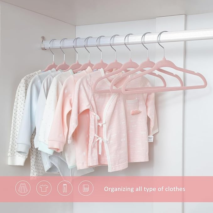 ManGotree Velvet Baby Clothes Hangers, Baby Toddler Kids Hangers with Swivel Hook, Notched Shoulder Design for Kids and Children Clothes (30 Pack, Light Pink)