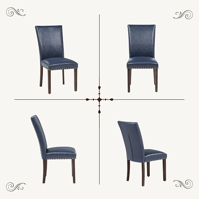 Furniliving Upholstered Dining Chairs Set of 2 - PU Leather Modern Farmhouse Kitchen Chairs, High-Back Dining Room Chairs with Wooden Legs for Kitchen Dining Room Living Room.Blue
