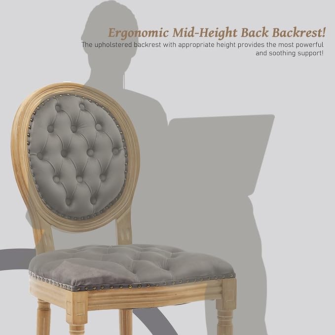 French Country Dining Chairs Set of 4,Farmhouse Upholstered Dining Room Chairs with Tufted Round Back&Solid Leg,Velvet Kitchen Side Chairs for Kitchen/Bedroom/Dining Room,Gray