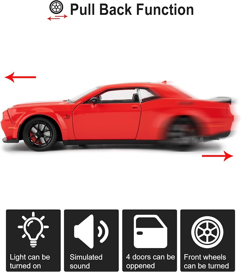 Compatible for 1/24 Dodge Challenger SRT Hellcat Car Model, Collectible Diecast Model Car with Lights and Sounds,Pull Back Car Toy for Adults Kids Birthday Gifts Decoration(Red)