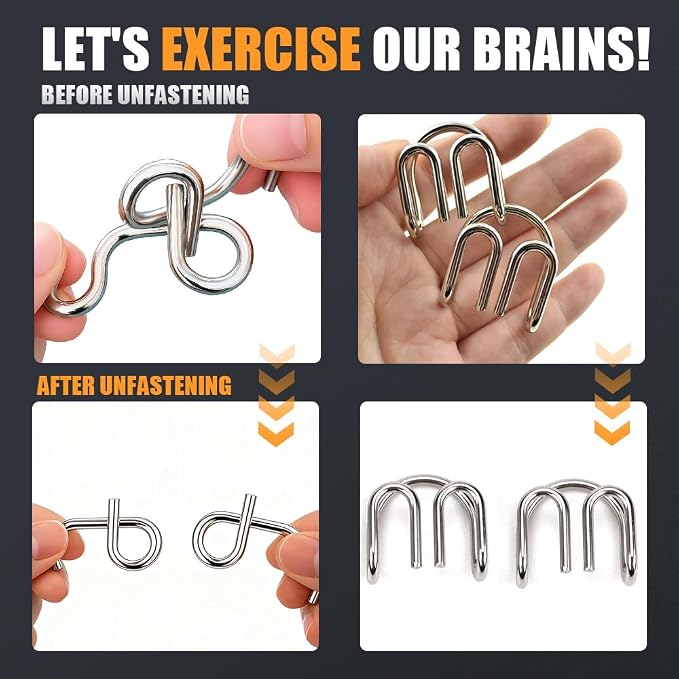 Metal Brain Teaser Puzzles Ring, 3D Interlocking Metal Wire IQ Logic Game, Challenging Iron Ring Puzzle for Adults, Educational Party Favor Travel Thinking(Type 1)