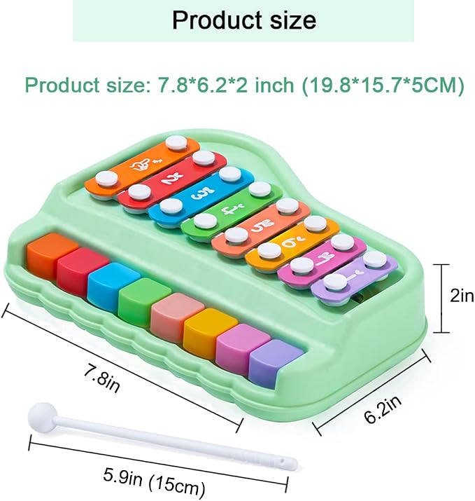Baby Piano Xylophone for Toddlers 2-3, 2 in 1 Baby Piano Xylophone Musical Instrument with 8 Multicolored Key Scales Keyboard for Kids(Green)