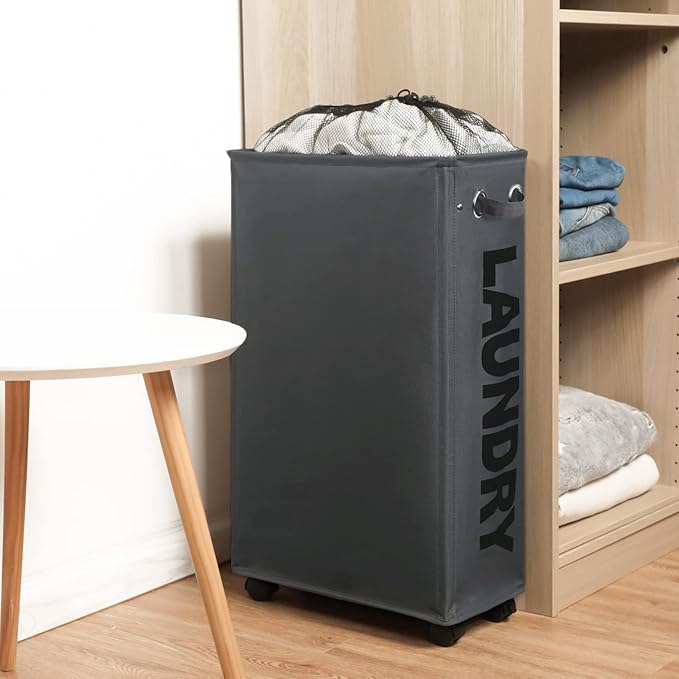 DOKEHOM 29-Inches Enlarged Slim Laundry Basket with Removable Wash Bag on Wheels, Collapsible Rolling Laundry Hamper, Foldable Narrow Corner Clothes Storage Bins (Dark Grey)