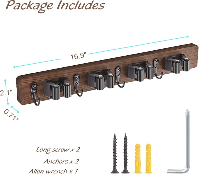 Mop and Broom Holder Wall Mount - Rustic Wood Broom Mop Hanger - Wall Mounted Garden Tool Rack Organizer for Closet Garage Laundry Room Kitchen Decor With 4 Slots & 4 Hooks