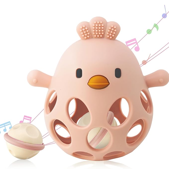 ChooKaChoo 2-in-1 Baby Teething Rattle Toy, Sensory Grasping Teether for Infants 3-12 Months, 100% Food-Grade Silicone, Easy to Hold, Soothing & Developmental, BPA Free
