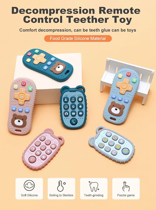 HippoBaby 2-Pack Silicone Teethers – Remote Control & Phone Teething Toys with Popper Buttons, BPA-Free, CPC Certified Baby Essentials for Infants & Toddlers (Remote/Phone - Dark Blue/Grey)