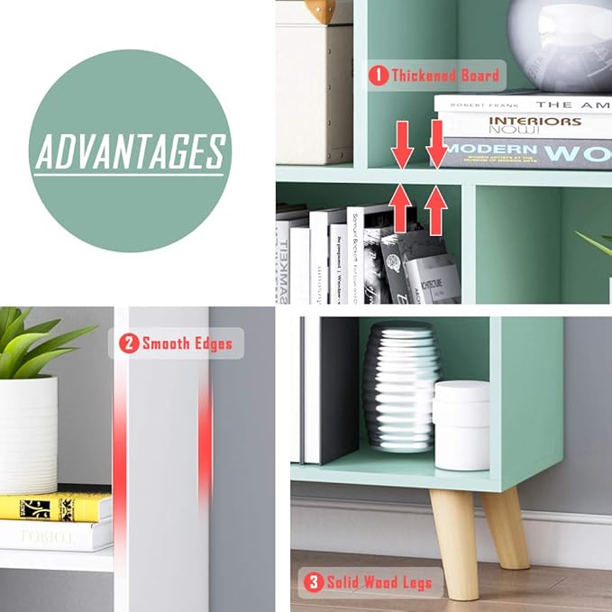 IOTXY Wooden Open Shelf Bookcase - 3-Tier Floorstanding Display Cabinet Rack with Legs, 7 Cubes Free Standing Bookshelf, Warm White