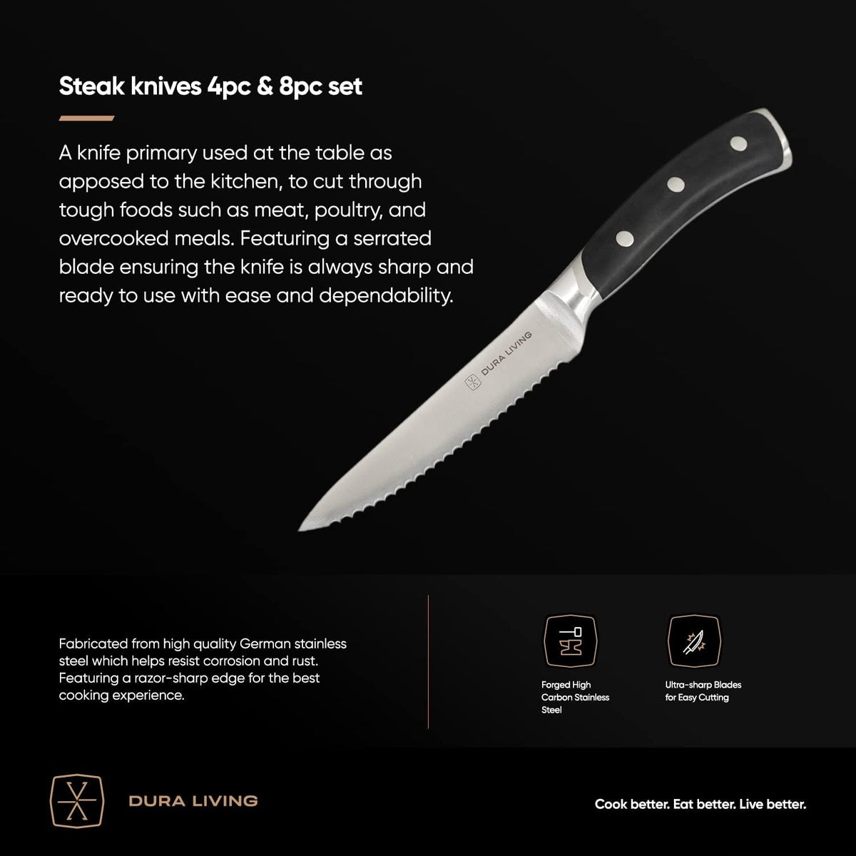 8-Piece Serrated Kitchen Steak Knife Set – Forged High Carbon Stainless Steel, Ultra Sharp, Ergonomic Black Handles, Durable Dinner Knives, Black Handle