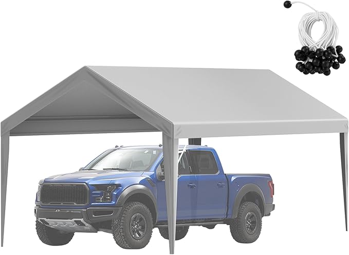 VEVOR Carport Replacement Canopy Cover 10 x 20 ft, Garage Top Tent Shelter Tarp Heavy-Duty Waterproof & UV Protected, Easy Installation with Ball Bungees,Grey (Only Top Cover, Frame Not Include)