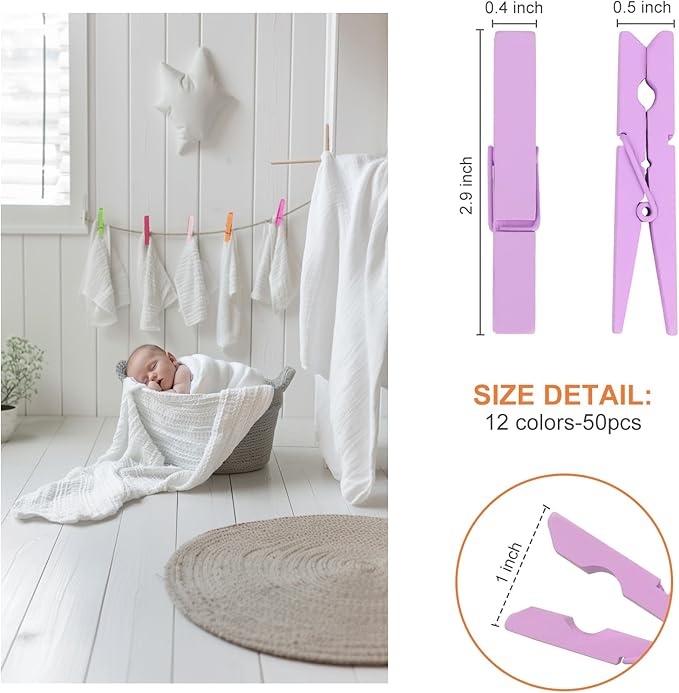 WAENLIR Colored Clothes pins 12 Color 2.9inch 50PCS, Colorful ClothesPins Wooden Clips for Photos Pictures Decorative Crafts, Decoration clothespins Clothing Hanging clothespins