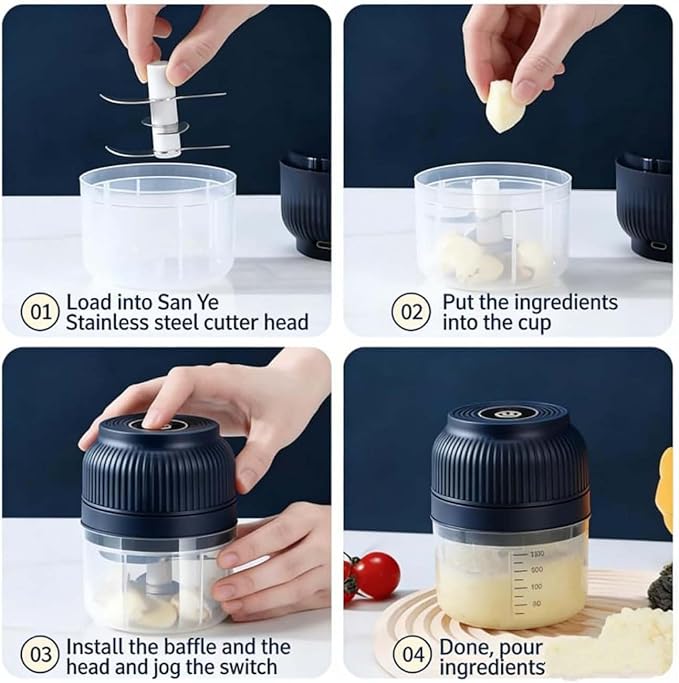 Electric Garlic Chopper, Mini Portable Veggie Cutter with 4/6 Stainless Steel Blades, Portable Wireless Rechargeable Mini Electric Garlic Food Chopper for Garlic, Onion, Chili, Nuts (2PCS-A,320ML)