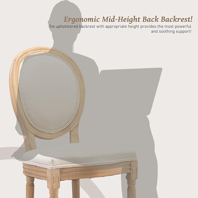 French Country Dining Chairs Set of 2,Farmhouse Upholstered Dining Room Chairs with Round Back and Solid Leg,Fabric Kitchen Side Chairs for Kitchen/Bedroom/Dining Room,Beige
