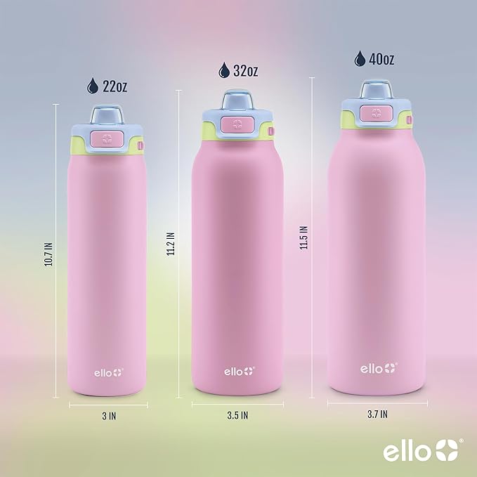 Ello Pop & Fill 40oz Stainless Steel Water Bottle with Quick Fill Technology, Double Walled and Vacuum Insulated Metal, Leak Proof Locking Lid, Sip and Chug, Reusable, BPA Free, Rosy Skyline
