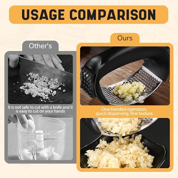 Stainless Steel Garlic Press Rocker, 2025 New Garlic Mincer and Garlic Crusher, Easy-Squeeze Garlic Tool with Peeler and Cleaning Brush for Smashing Garlic (3 Set)