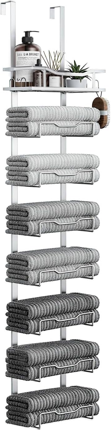 Hanging Towel Racks for Bathroom No Drill - Over The Door 8-Tier Bath Towel Storage Organizer for Small Bathrooms - Back Door Large Tiered Towel Holder Hanger for Rolled Towels RV Camper Silver