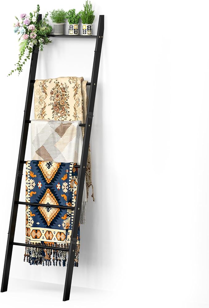 BAMBANG 6-Tier Blanket Ladder for Living Room, Blanket Quilt Ladder Rack Rustic Decorative Towel Holder, Wall Leaning Blanket Ladder Shelf Storage Farmhouse Decor for Bedroom Bathroom, Black