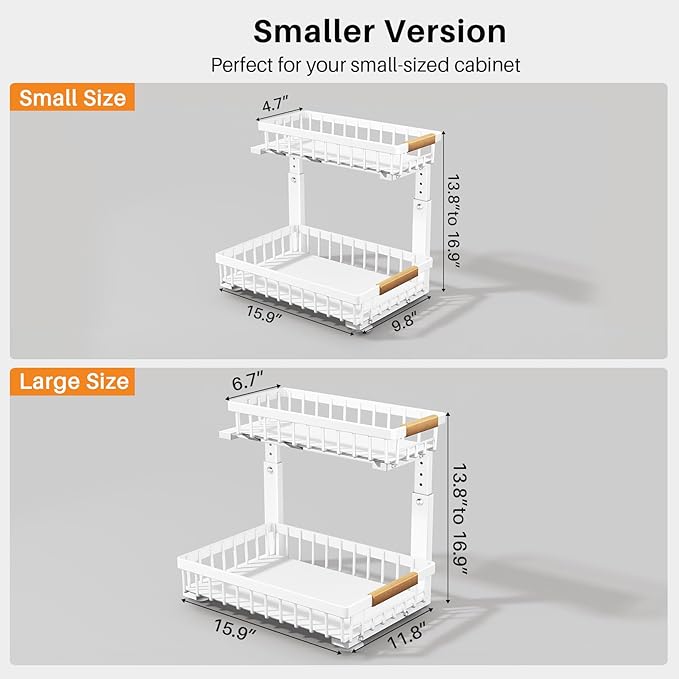PXRACK 1 Pack Under Sink Organizer,Adjustable Height,2 Tier Pull Out Under Cabinet Organizer,Slide Out Thickened Metal Under Sink Storage for Kitchen Bathroom Laundry Cabinet Pantry,White(S)