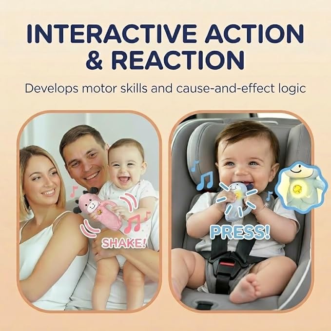 MooMoo Baby Musical Toy, 4‑in‑1 Light‑Up Sensory Toy & Teether for 3–24 Month Babies, BPA‑Free with Easy‑Grip Handle, Cute Cow‑Shaped Travel Toy for Car Seat & Stroller (Yellow)