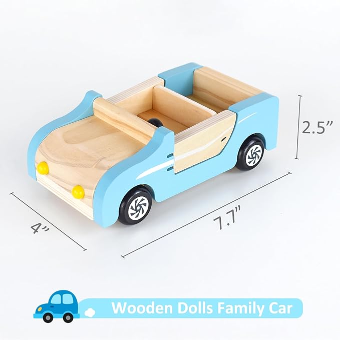 PairPear Wooden Family Car for Dolls,Wooden Toys Dollhouese Furniture Accessories Playset,Kids Pretend Preschool Play Vehicle Toys Gift for Toddler 3 Years and Up