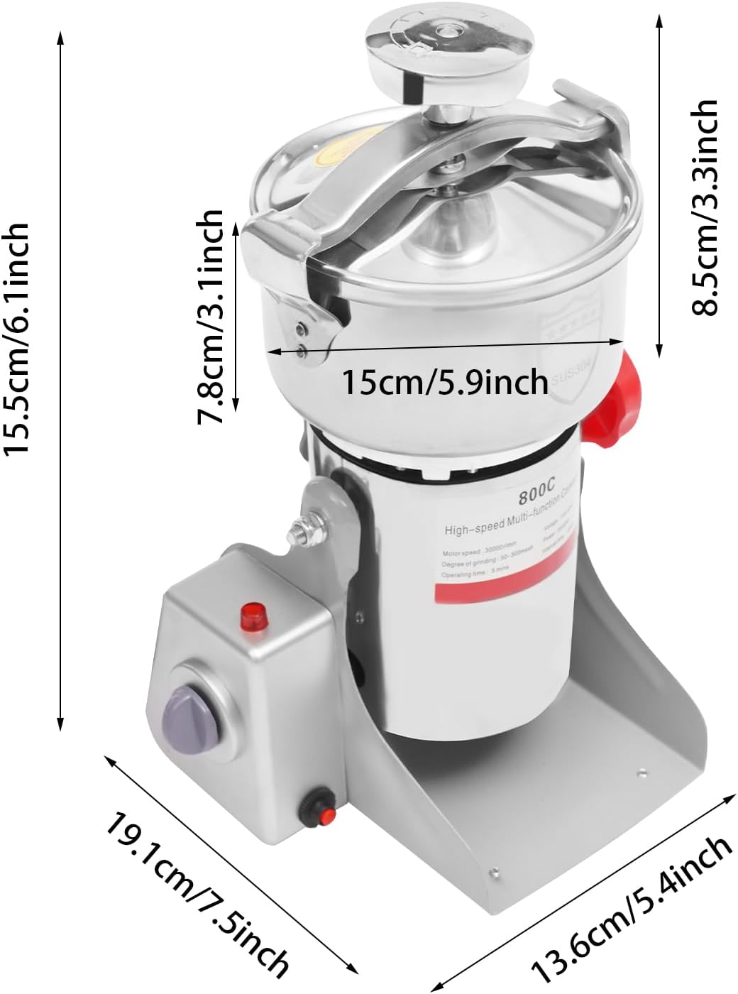 Electric Grain Mill Grinder High Speed 30000r/min Powder Machine Grain Spice Herb Grinder Dry Grinder Machine Stainless Steel Powder Grinder for Dry Spice Herbs Grains Coffee Rice Pepper (800g 3500W)