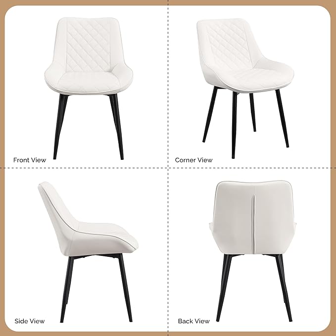 Dining Chair Set of 2, Modern Dining Chairs with Thick Cushions, Faux Leather Upholstered Kitchen Dining Room Chairs with Metal Adjustable Legs for Dining Living Room, White